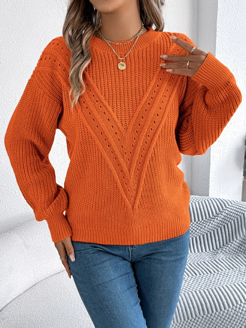 White Pointelle Knit Sweater - TEVQA