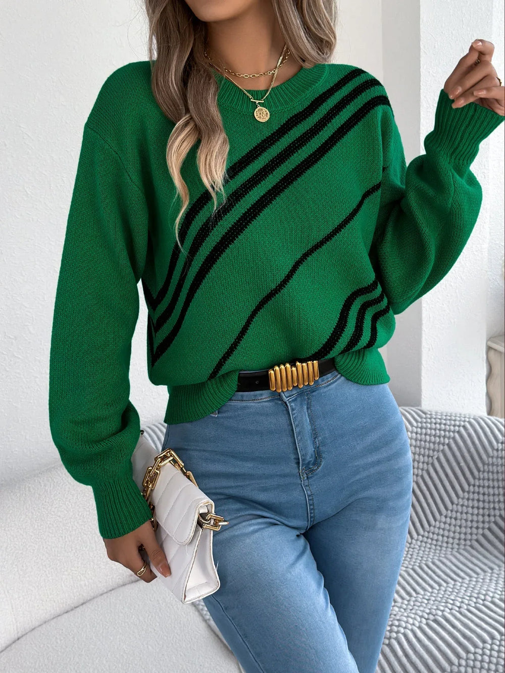 Crimson Vogue Diagonal Stripe Knit Sweater - View 8 | TEVQA
