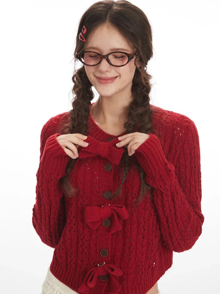 Coquette Cherry Red Bow Pointelle Cardigan - TEVQA