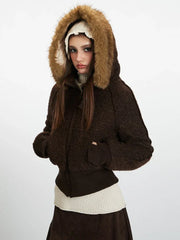 Vintage Chocolate Textured Bomber Jacket - TEVQA