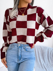 Black and white checkerboard knit mock neck sweater - View 13 | TEVQA