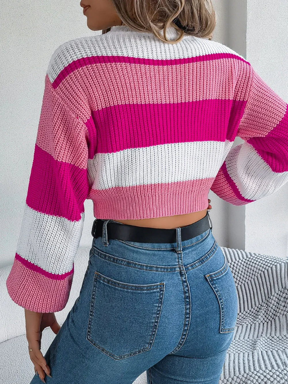 Sunset Boulevard Color Block Knit Crop Sweater - TEVQA