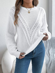 White Pointelle Knit Sweater - TEVQA