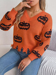 Distressed Pumpkin Knit Sweater - View 17 | TEVQA