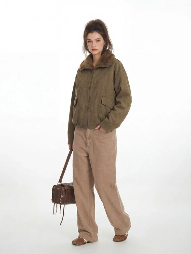 Vintage Faux Suede Aviator Bomber Jacket - TEVQA