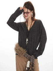 Vintage Charcoal Slouchy V-Neck Cardigan - TEVQA