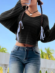 Ribbed Bell Sleeve Cropped Sweater - View 8 | TEVQA