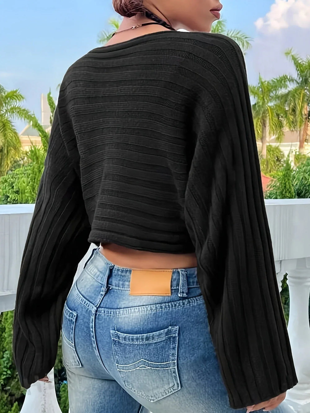 Ribbed Bell Sleeve Cropped Sweater - View 7 | TEVQA