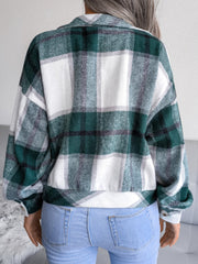 Plaid Wool Blend Lantern Sleeve Cropped Shacket