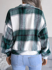 Plaid wool blend cropped shacket with lantern sleeves - View 15 | TEVQA