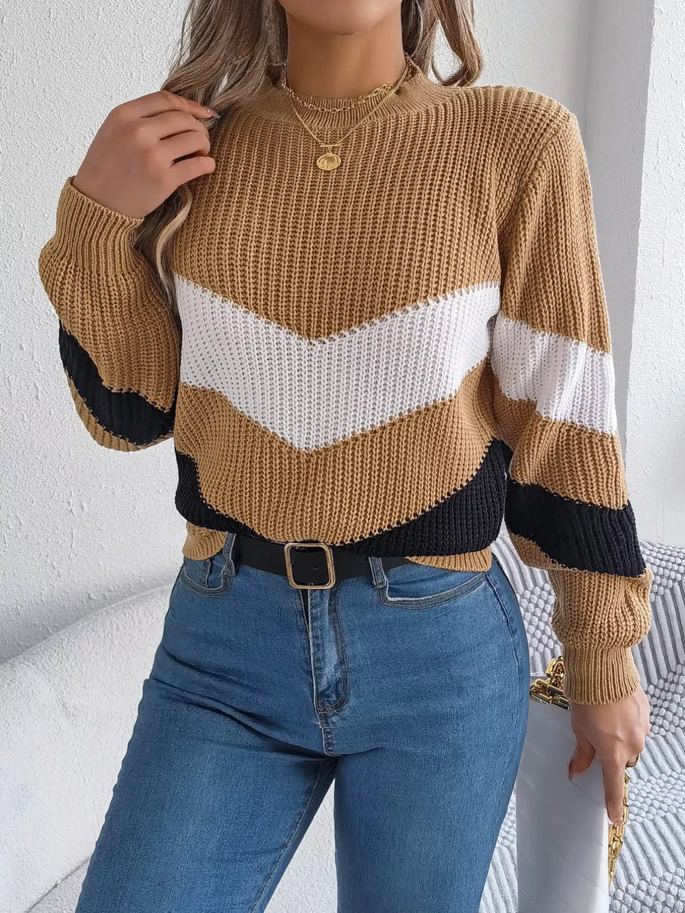 Women's Color Block Chevron Knit Sweater - TEVQA
