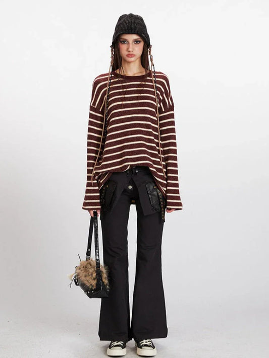 Vintage Burgundy Striped Oversized Long Sleeve Tee - TEVQA