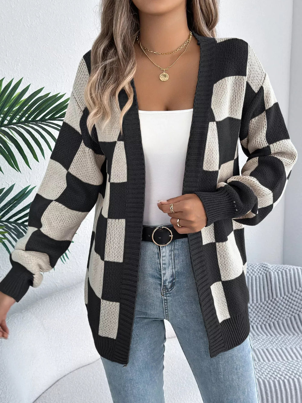 Burgundy Checkerboard Knit Cardigan - View 8 | TEVQA