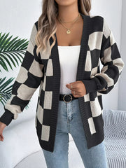 Burgundy Checkerboard Knit Cardigan - View 8 | TEVQA