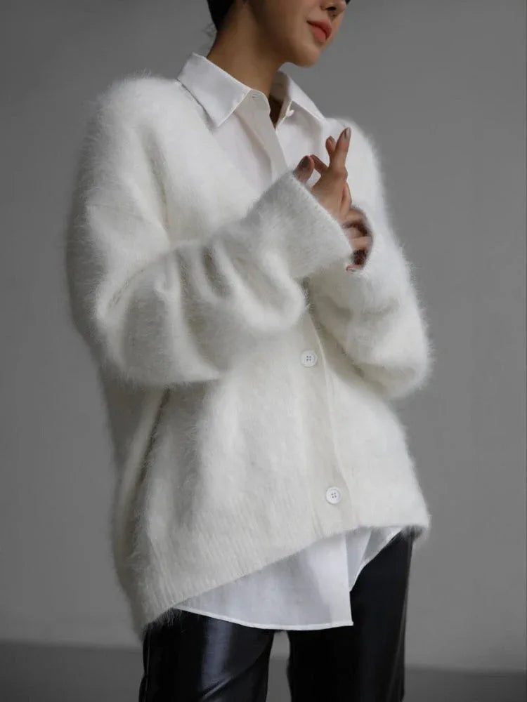 Faux Mink V-Neck Cardigan - View 8 | TEVQA