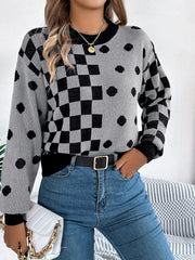 Chic Gray Polka Dot & Checkerboard Knit Sweater