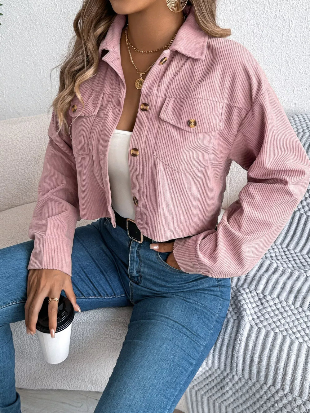 Midnight Noir Corduroy Cropped Jacket - View 7 | TEVQA