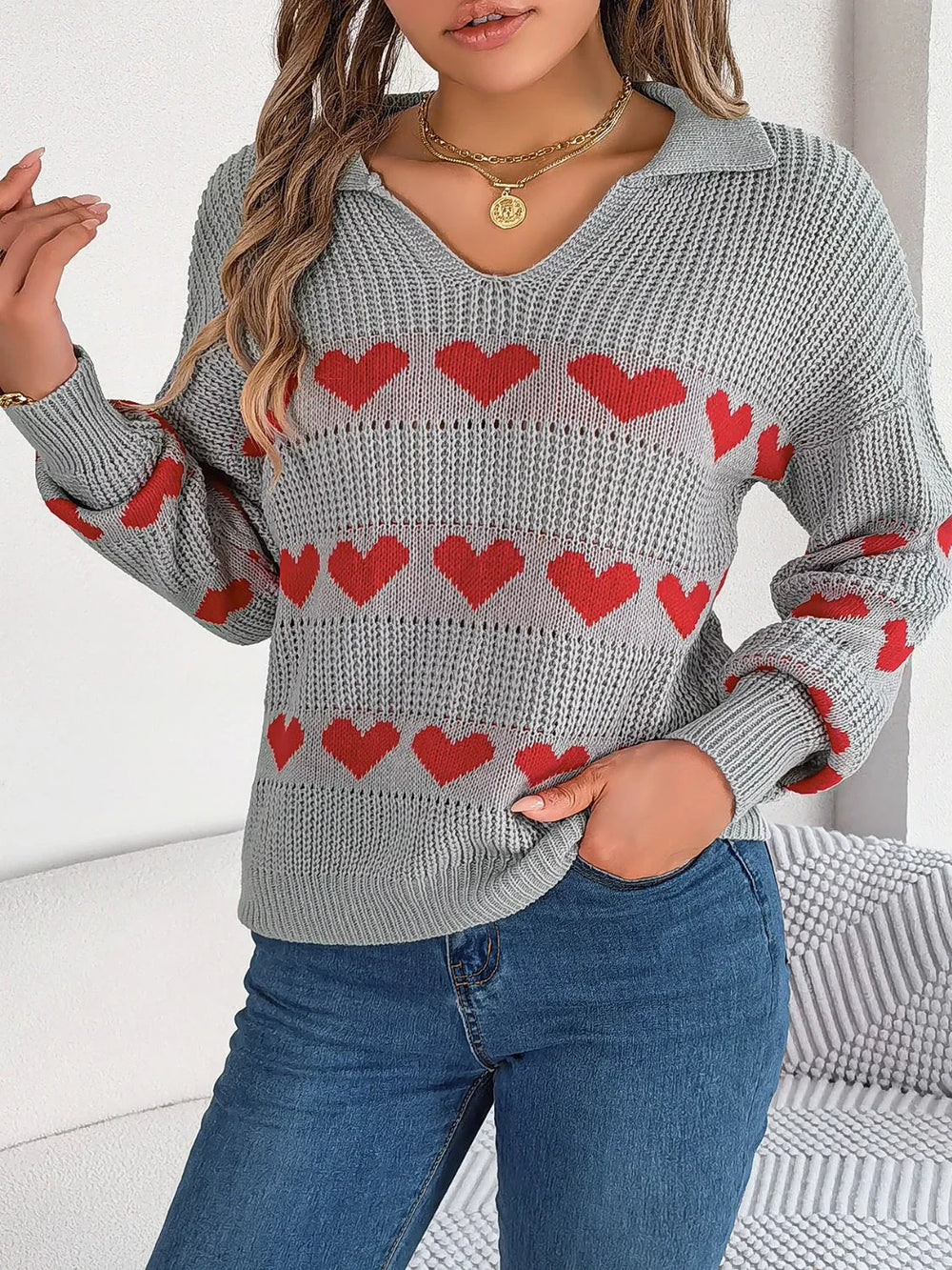 Collared Heart Print Knit Sweater - View 11 | TEVQA