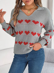 Collared Heart Print Knit Sweater - View 11 | TEVQA
