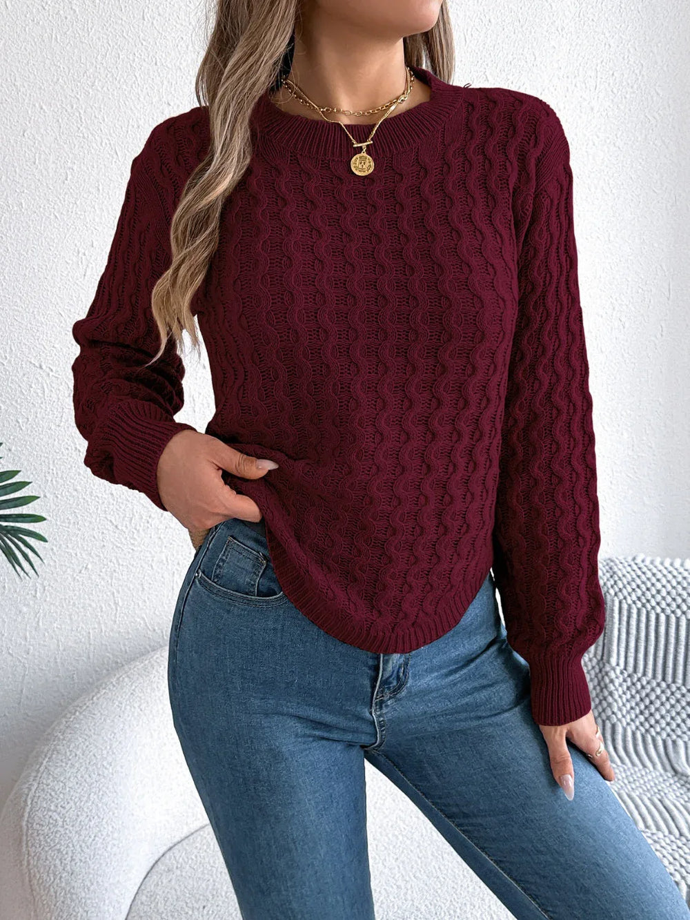 Camel Cable Knit Curved Hem Sweater - TEVQA