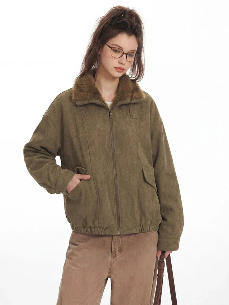 Vintage Faux Suede Aviator Bomber Jacket - TEVQA
