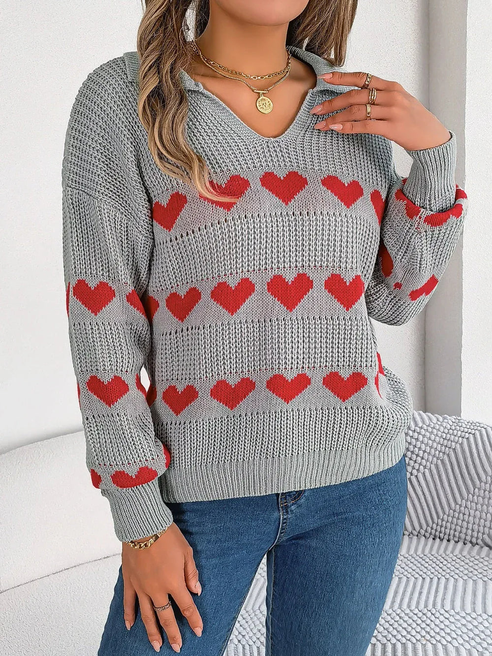 Collared Heart Print Knit Sweater - View 8 | TEVQA