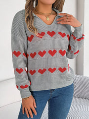 Collared Heart Print Knit Sweater - View 8 | TEVQA