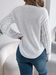 Camel Cable Knit Curved Hem Sweater - TEVQA