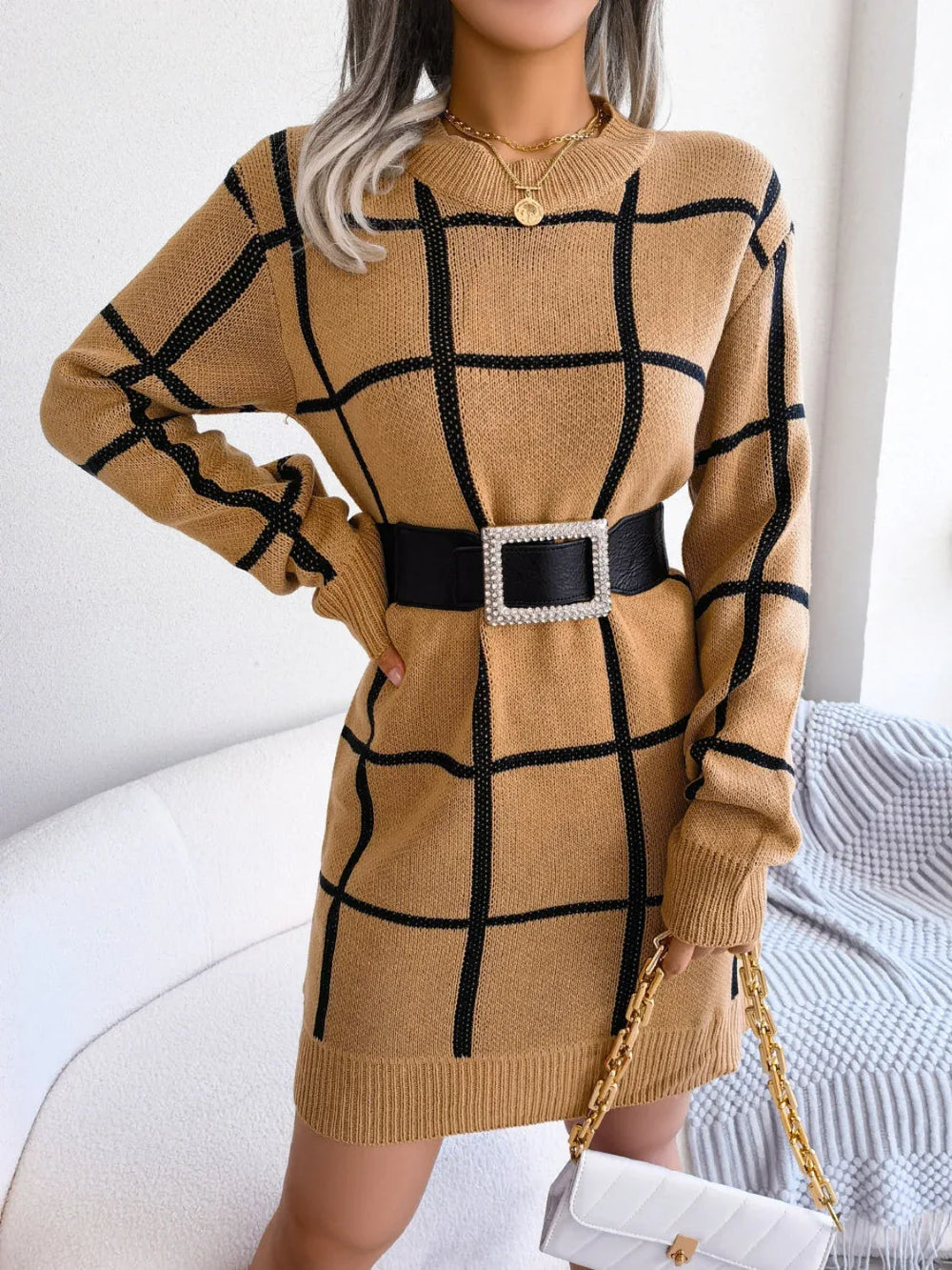 Green windowpane plaid knit sweater dress with crew neckline and long sleeves - View 10 | TEVQA