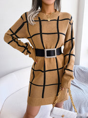 Green windowpane plaid knit sweater dress with crew neckline and long sleeves - View 10 | TEVQA