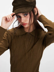 Vintage Brown Ribbed Knit Polo Sweater - TEVQA