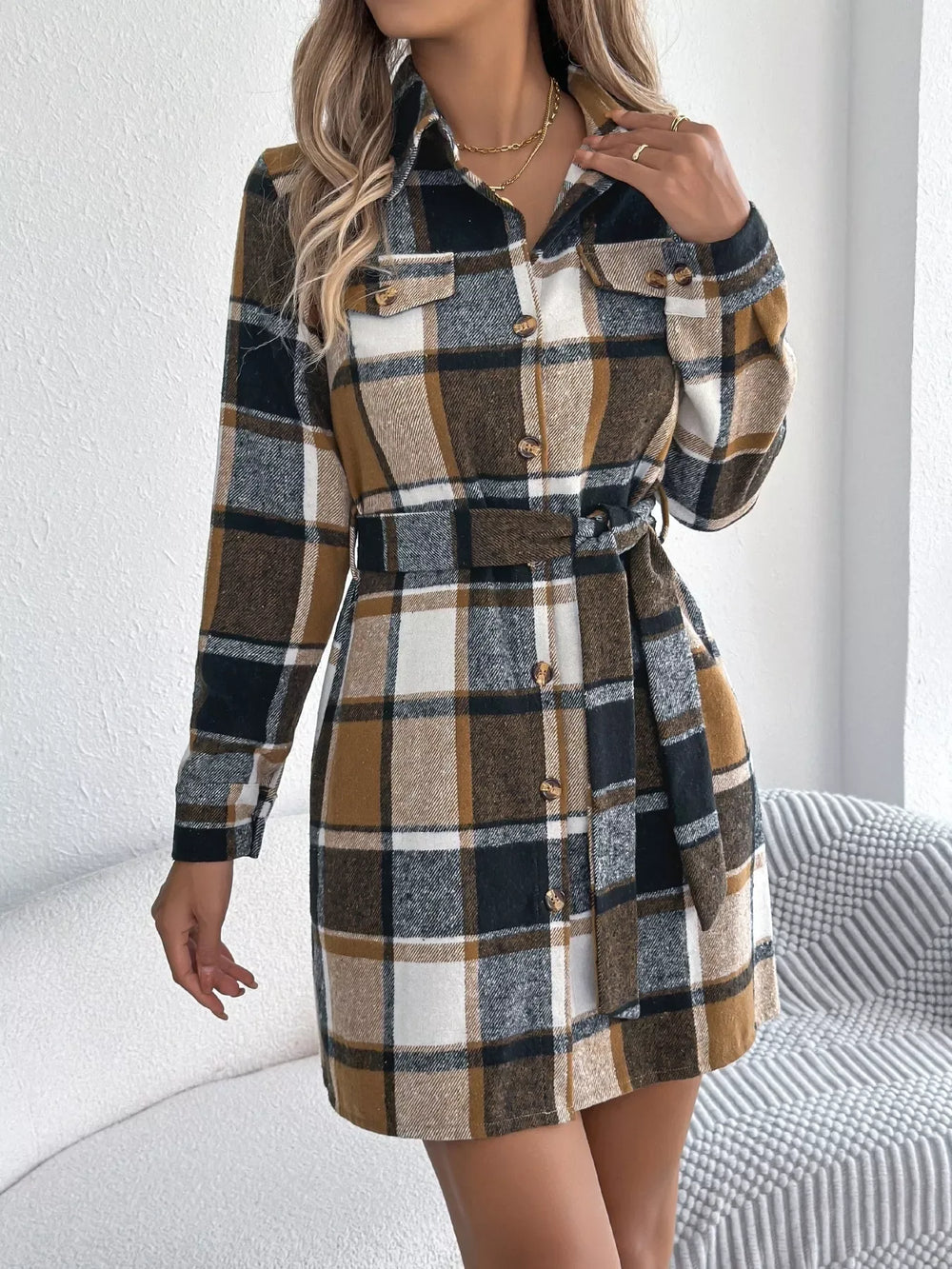 Green Plaid Belted Shirt Dress - View 12 | TEVQA