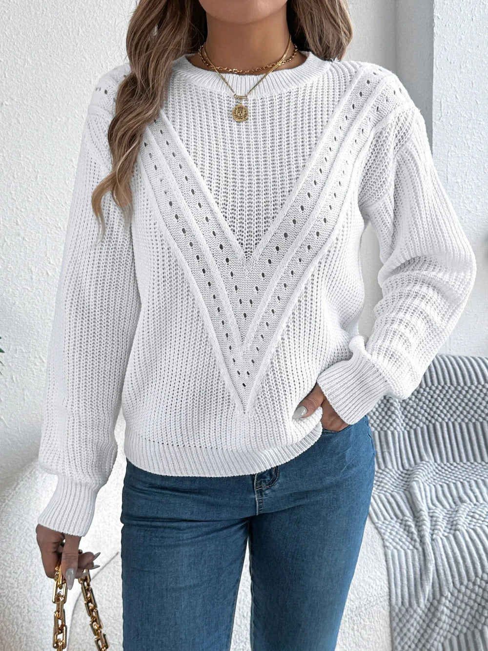 White Pointelle Knit Sweater - TEVQA