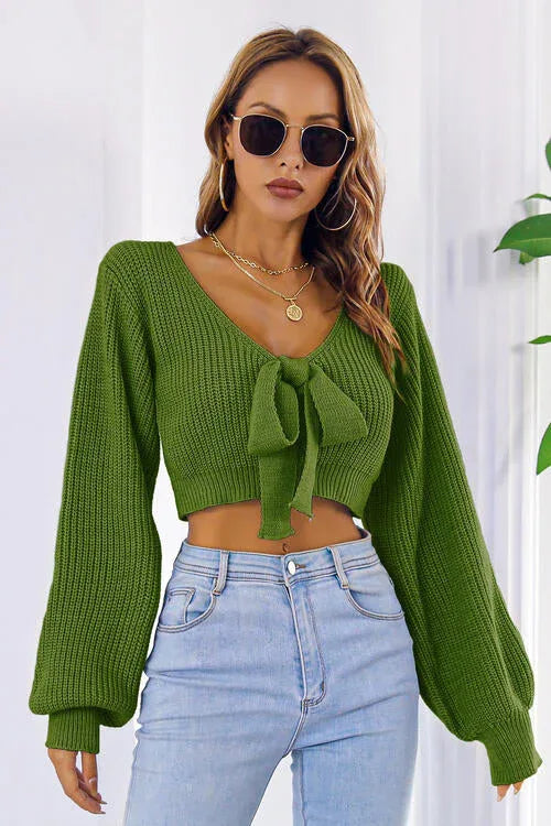 Ribbed knit crop sweater with tie neck - View 9 | TEVQA