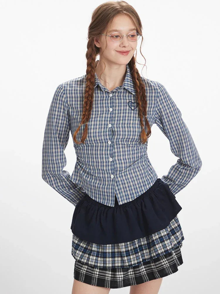 Vintage Blue Plaid Ruched Shirt - TEVQA