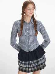Vintage Blue Plaid Ruched Shirt - TEVQA