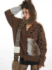 Y2K Grunge Leopard Patchwork Cardigan - TEVQA