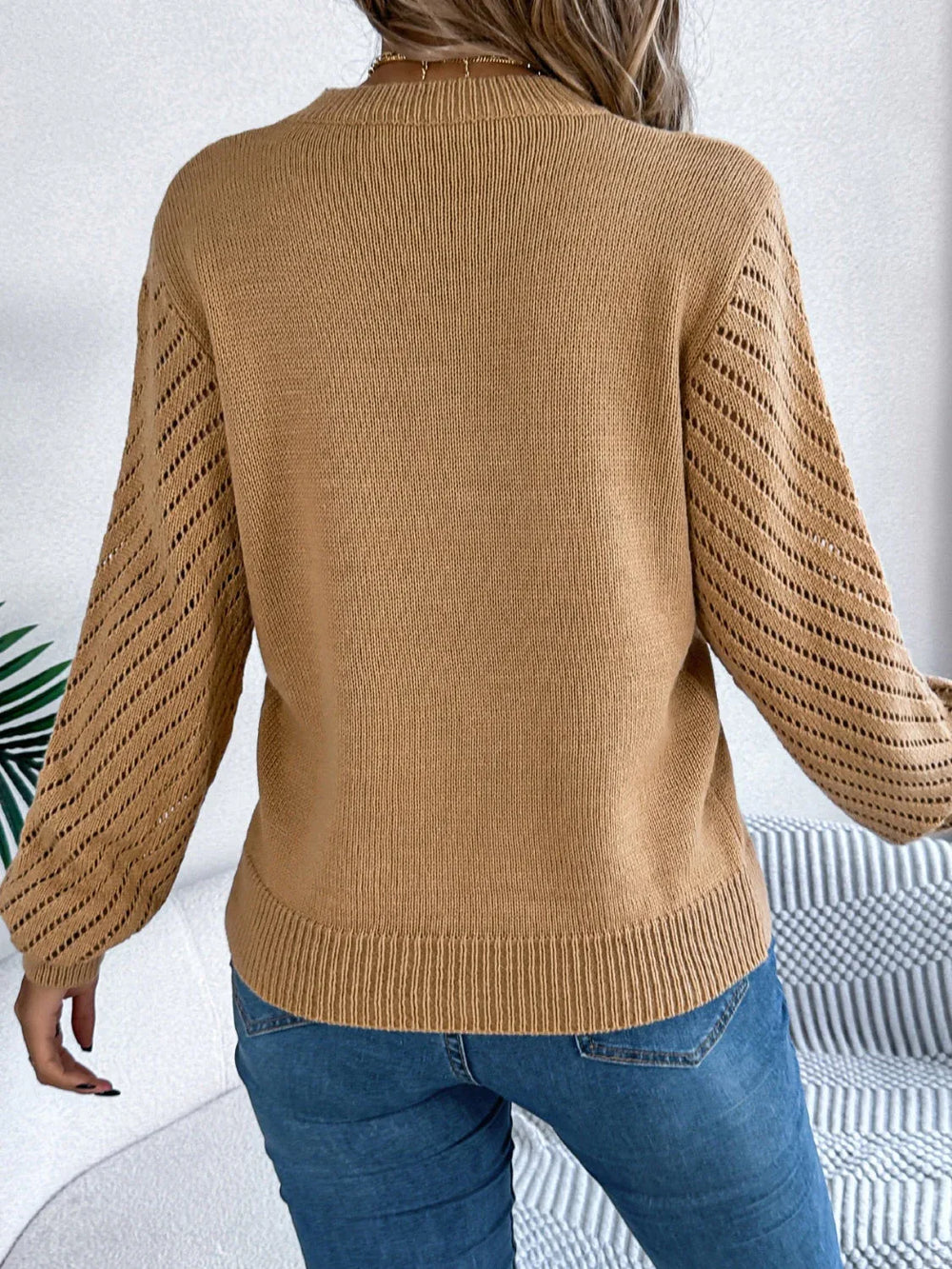 White Hollow Out Pointelle Knit Sweater - TEVQA
