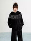 Black Fair Isle Hooded Zip Knit Cardigan Snowflake Pattern