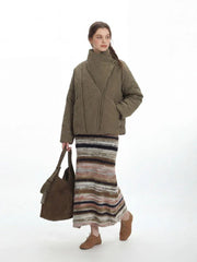 Vintage Olive Asymmetric Stand Collar Padded Jacket - TEVQA