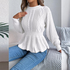 White Cable Knit Peplum Sweater - TEVQA