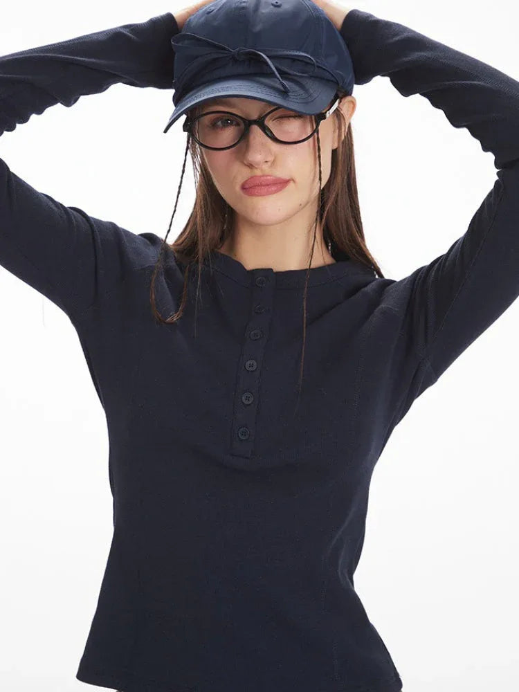 Vintage Grey Ribbed Henley Top - TEVQA