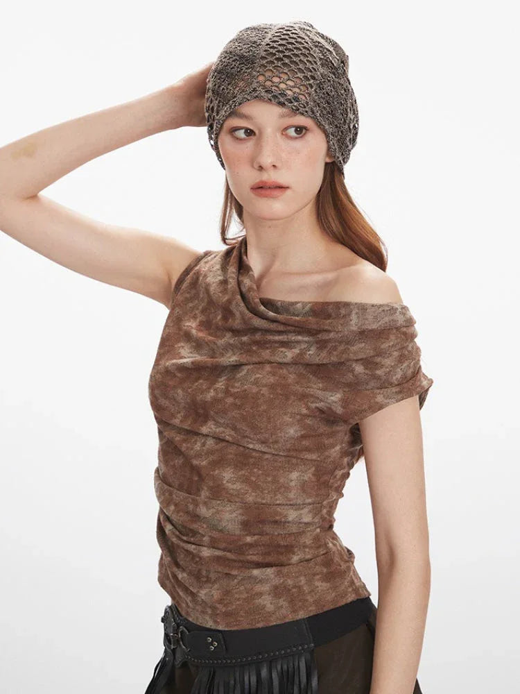 Y2K Acid Wash Draped Cowl Neck Top - TEVQA