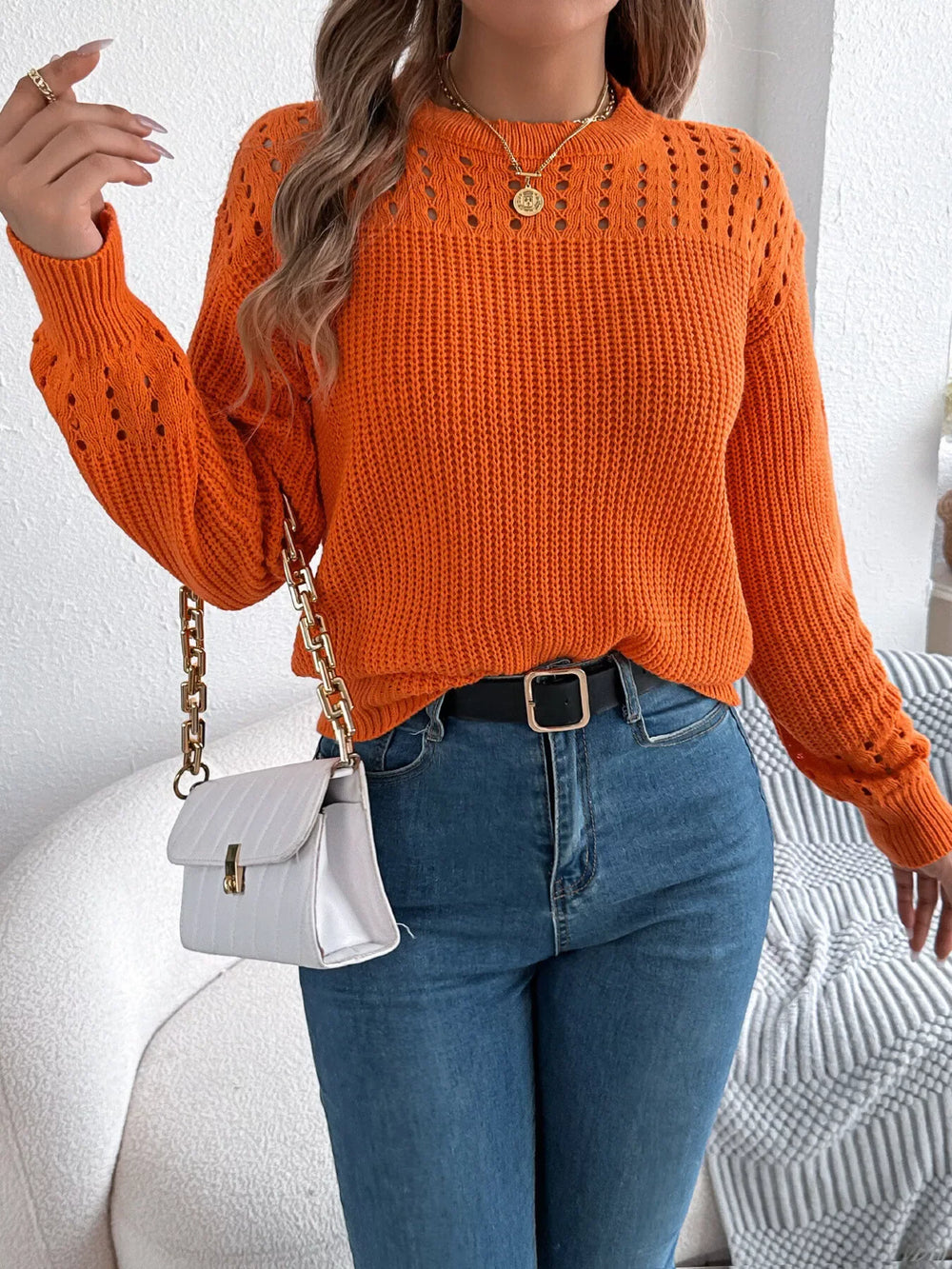 Burgundy Pointelle Knit Lantern Sleeve Sweater - View 10 | TEVQA