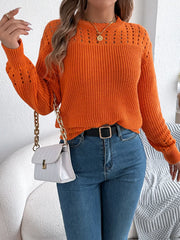 Burgundy Pointelle Knit Lantern Sleeve Sweater - View 10 | TEVQA