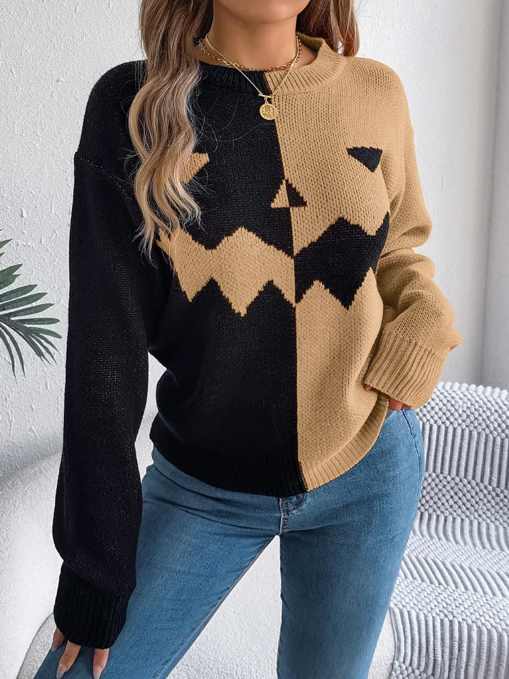 Spooky Chic Split Color Block Pumpkin Sweater - TEVQA