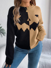Spooky Chic Split Color Block Pumpkin Sweater - TEVQA