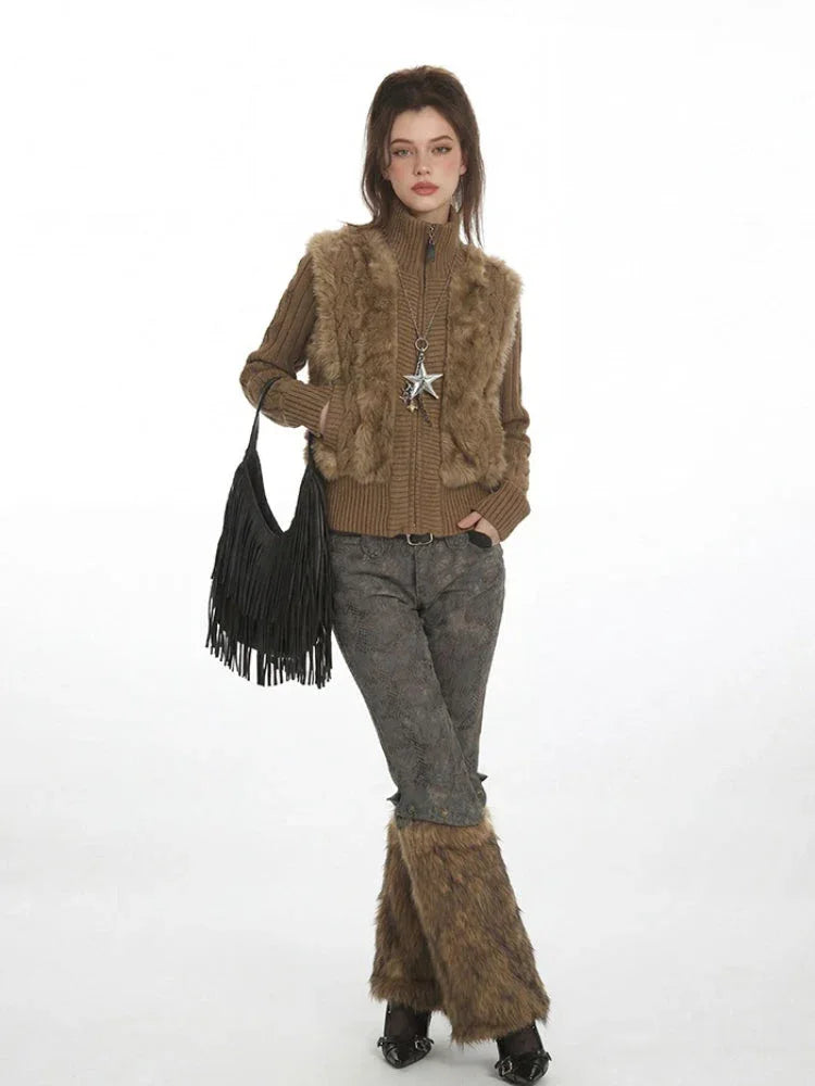 Y2K Faux Fur Panel Zip-Up Cardigan - TEVQA