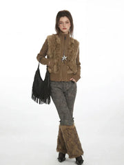 Y2K Faux Fur Panel Zip-Up Cardigan - TEVQA