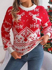 Woman adjusting her red and white Christmas sweater with a reindeer pattern, standing in front of a Christmas tree.